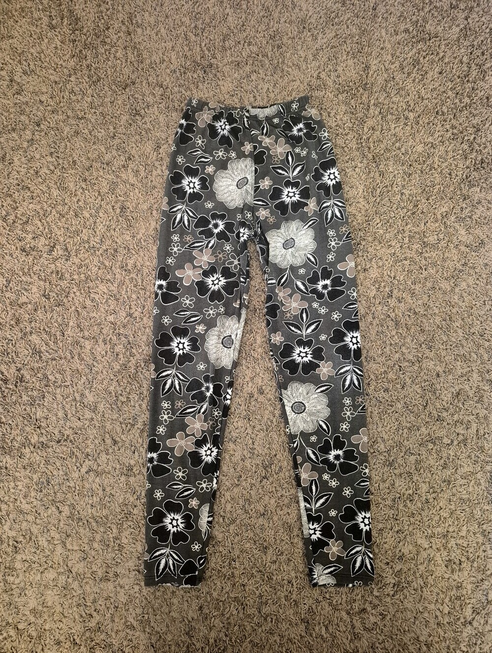 Girl's Floral Print Leggings - Black and Gray Size 12-14